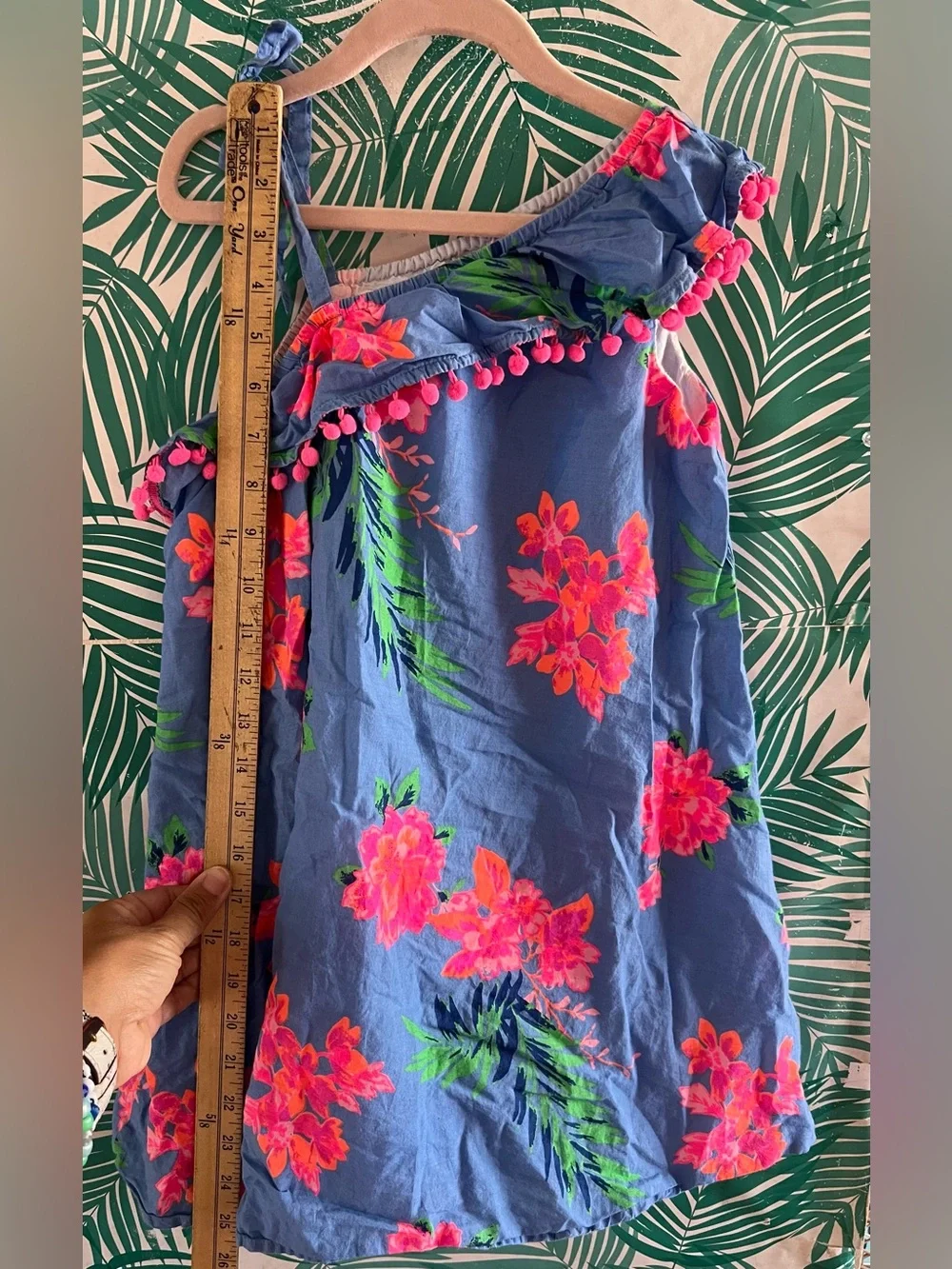 Tommy Bahama Blue & bright pink Tropical Pom-Pom Sundress w/ tie shoulder Sz 7